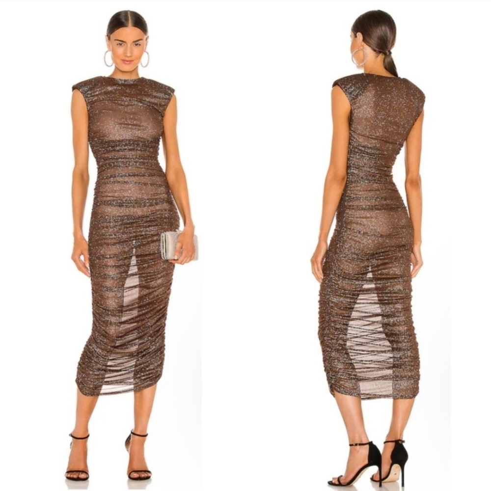 $550 NWT BRONX & BANCO Maya Brown Mesh Glitter Ruched Dress Small